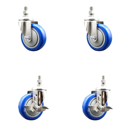 Service Caster 4 Inch 316SS Blue Polyurethane Swivel 12mm Threaded Stem Caster Brake, 2PK SS316TS20S414-PPUB-BLUE-M1215-2-TLB2